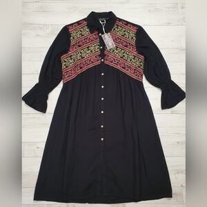 Yellow Clothing Bohemian Hippie Fatura Embroidered Black Dress Size Large NWT